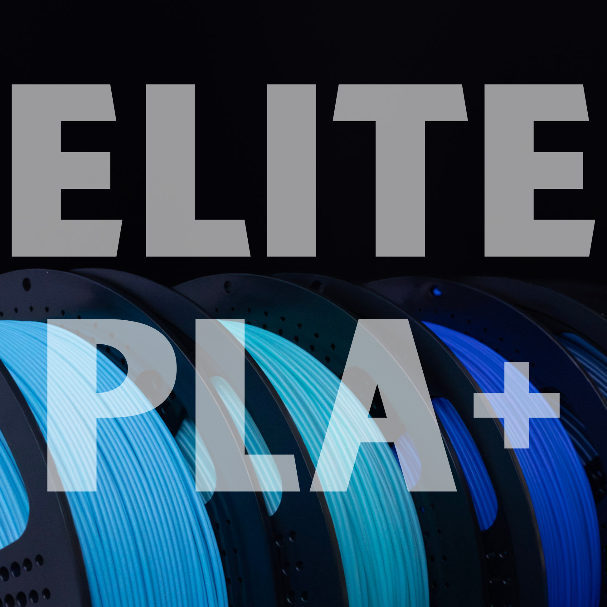 Text 'ELITE PLA+' with a blue and black background with several rolls of blue PLA Plus 3D printing Filament