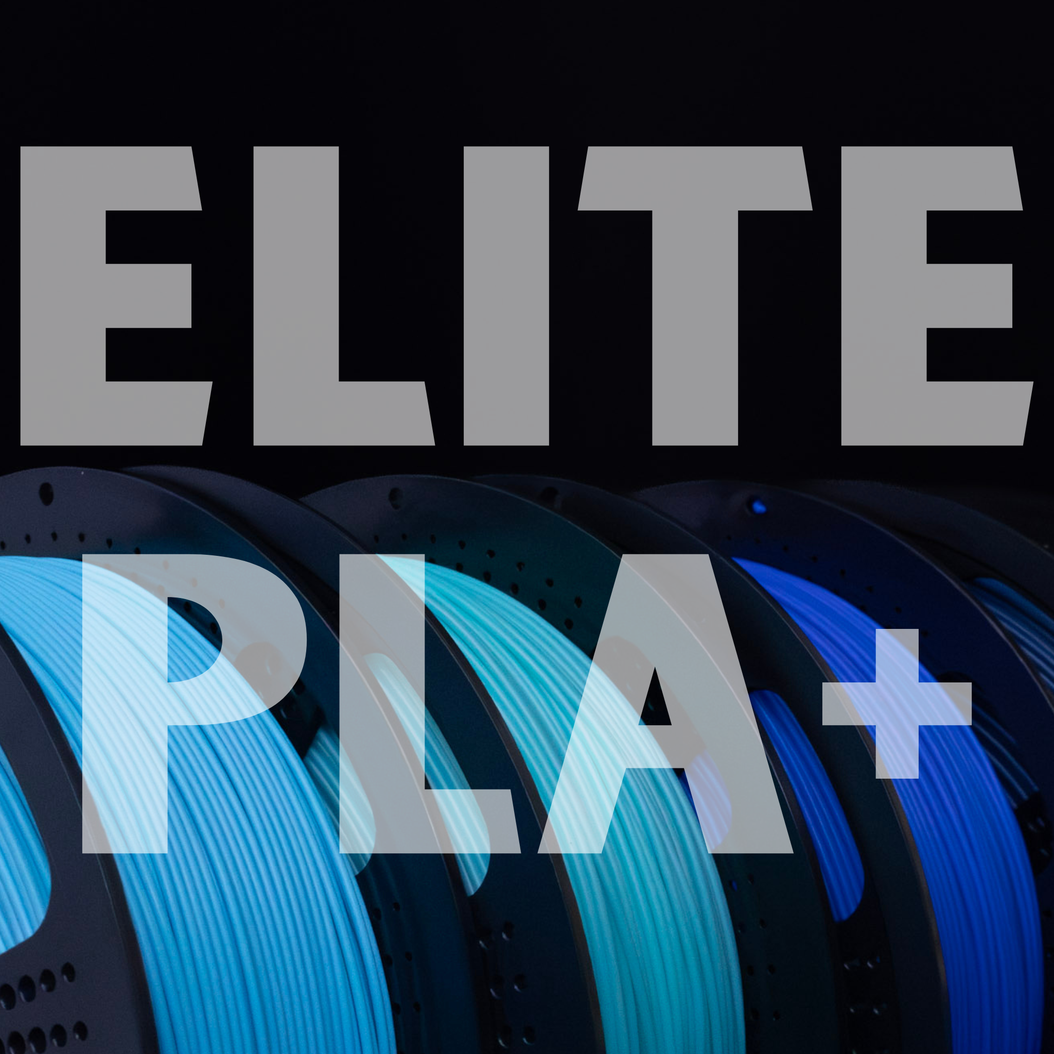 Text 'ELITE PLA+' with a blue and black background with several rolls of blue PLA Plus 3D printing Filament