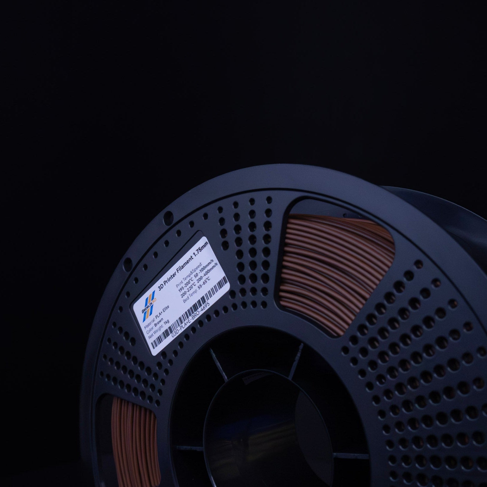 1kg 1.75mm Spool of 3D printing Brown PLA Plus filament with a visible brand label on a black background