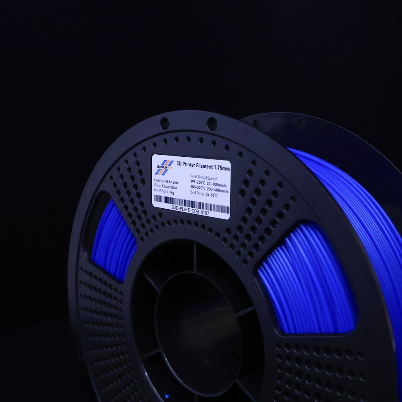 1kg 1.75mm Spool of 3D printing Cobalt Blue PLA Plus filament with a visible brand label on a black background