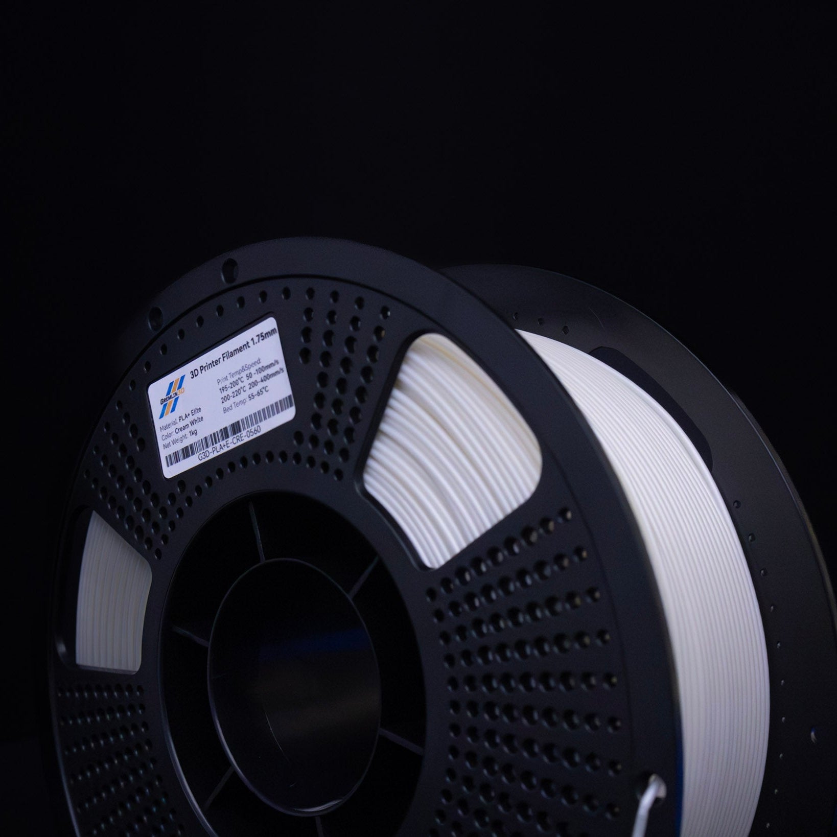 1kg 1.75mm Spool of 3D printing Cream White PLA Plus filament with a visible brand label on a black background