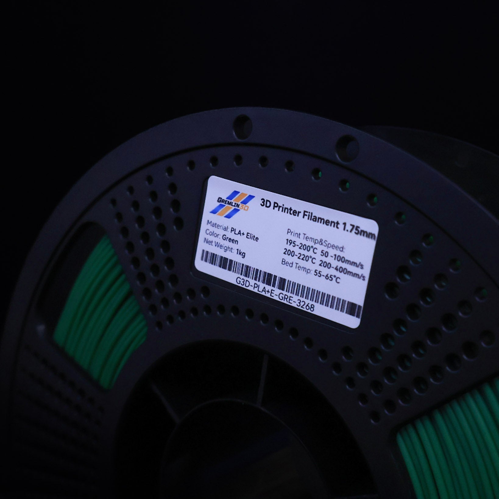 1kg 1.75mm Spool of 3D printing Green PLA Plus filament with a visible brand label on a black background