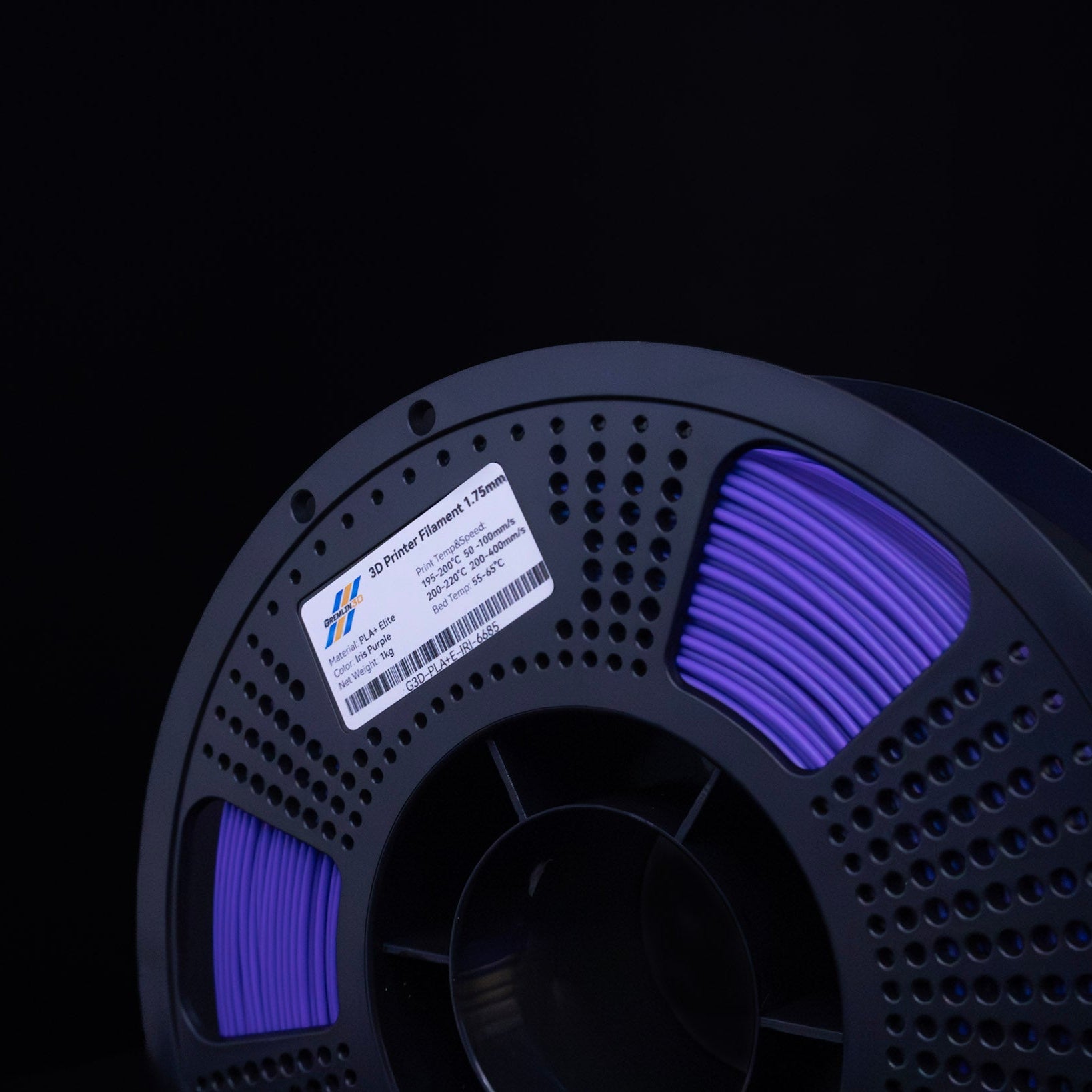1kg 1.75mm Spool of 3D printing Iris Purple PLA Plus filament with a visible brand label on a black background