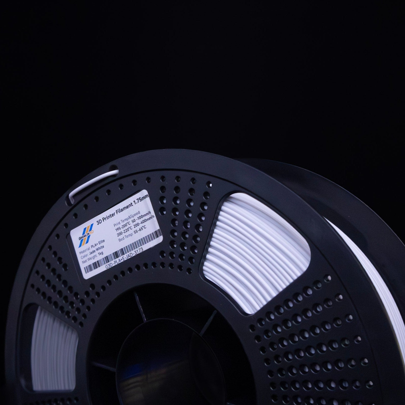 1kg 1.75mm Spool of 3D printing Jade White PLA Plus filament with a visible brand label on a black background