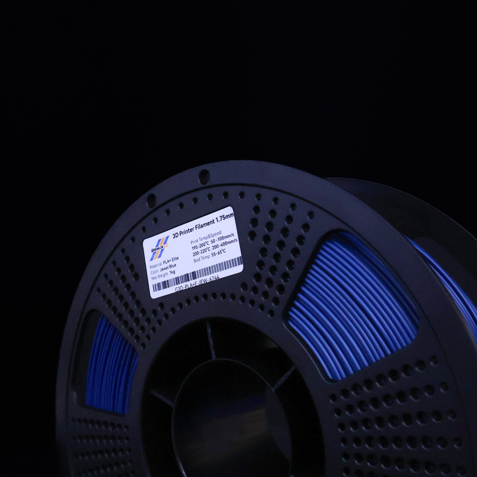 1kg 1.75mm Spool of 3D printing Jewel Blue PLA Plus filament with a visible brand label on a black background