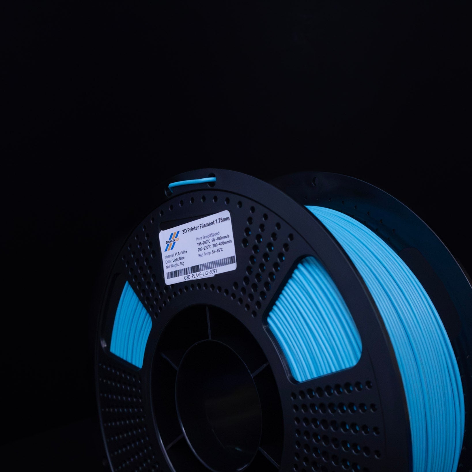 1kg 1.75mm Spool of 3D printing Light Blue PLA Plus filament with a visible brand label on a black background