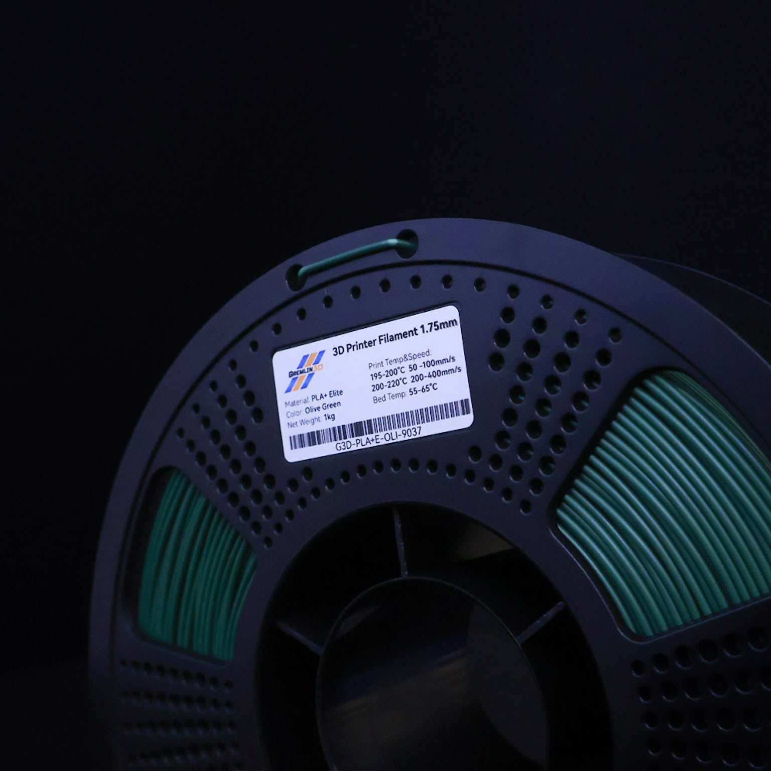1kg 1.75mm Spool of 3D printing Olive Green PLA Plus filament with a visible brand label on a black background