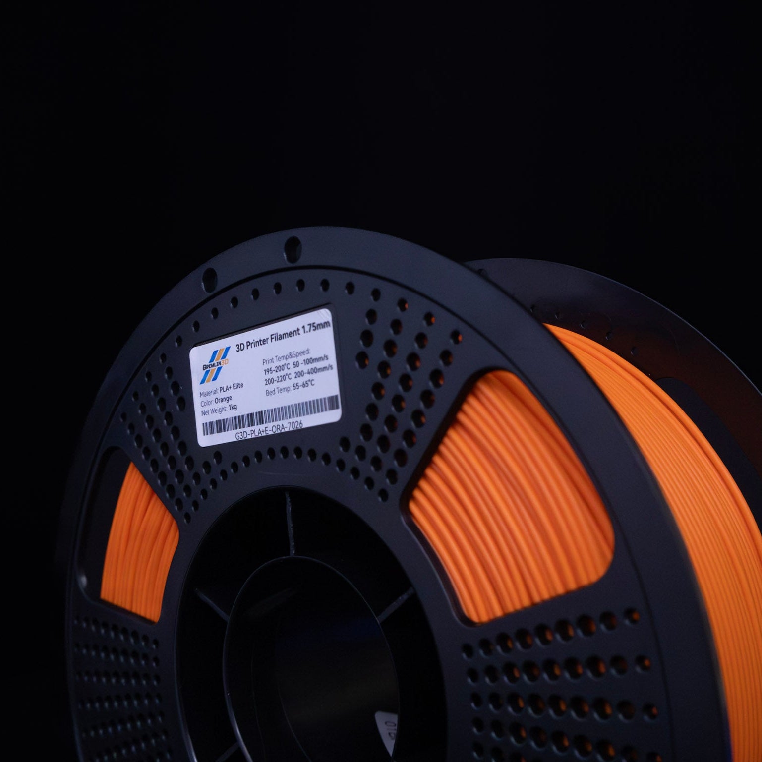 1kg 1.75mm Spool of 3D printing Orange PLA Plus filament with a visible brand label on a black background