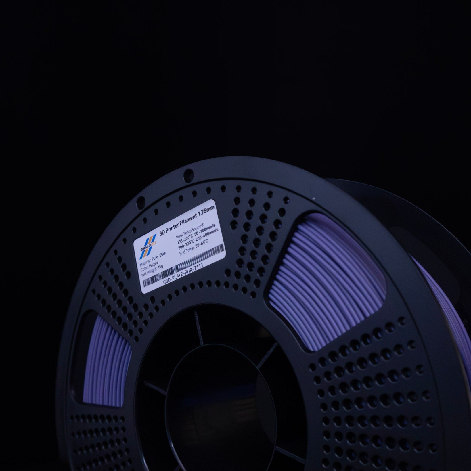 1kg 1.75mm Spool of 3D printing Purple PLA Plus filament with a visible brand label on a black background