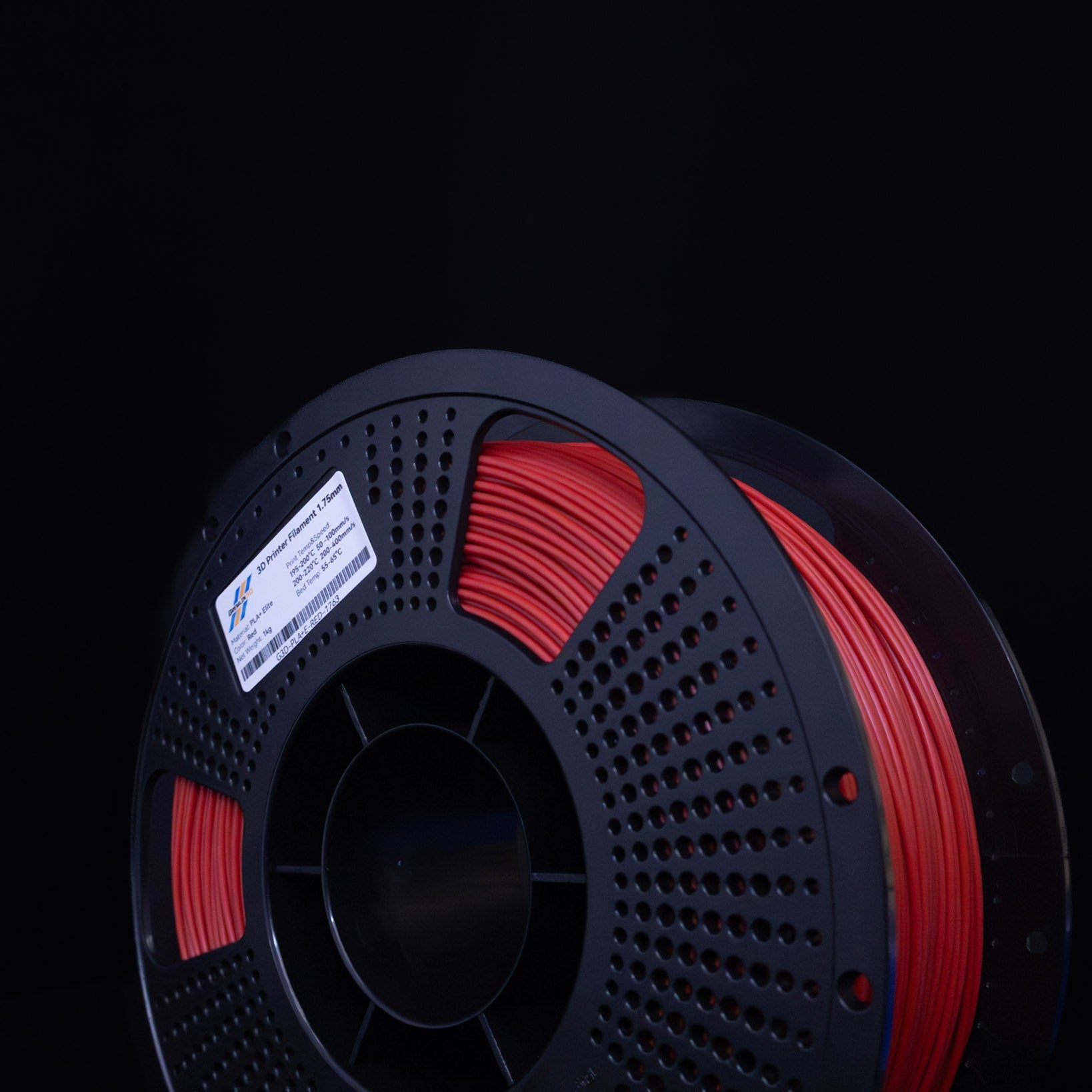 1kg 1.75mm Spool of 3D printing Red PLA Plus filament with a visible brand label on a black background