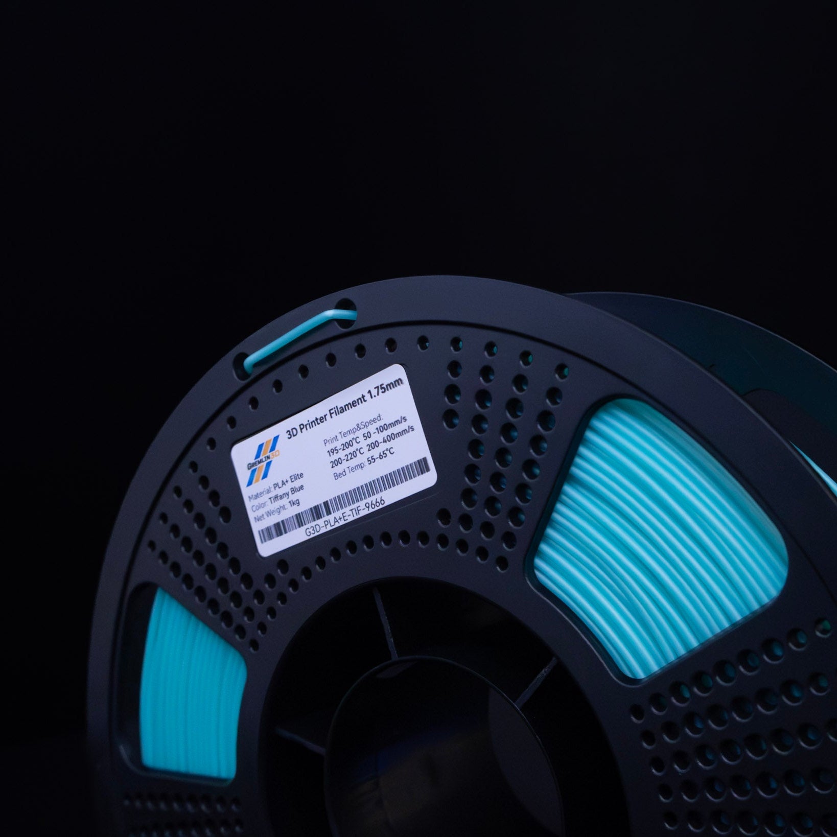 1kg 1.75mm Spool of 3D printing Tiffany Blue PLA Plus filament with a visible brand label on a black background