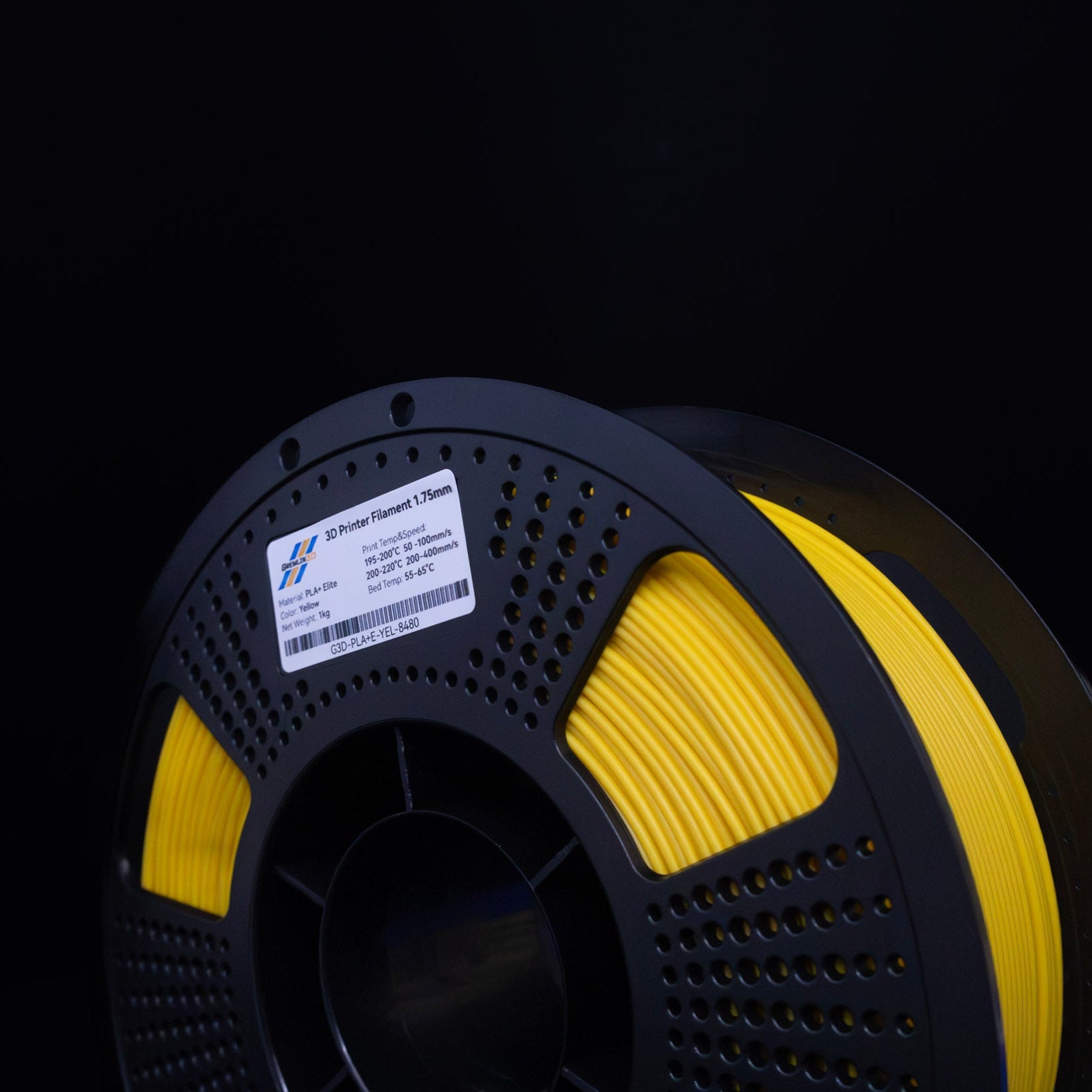 1kg 1.75mm Spool of 3D printing Yellow PLA Plus filament with a visible brand label on a black background