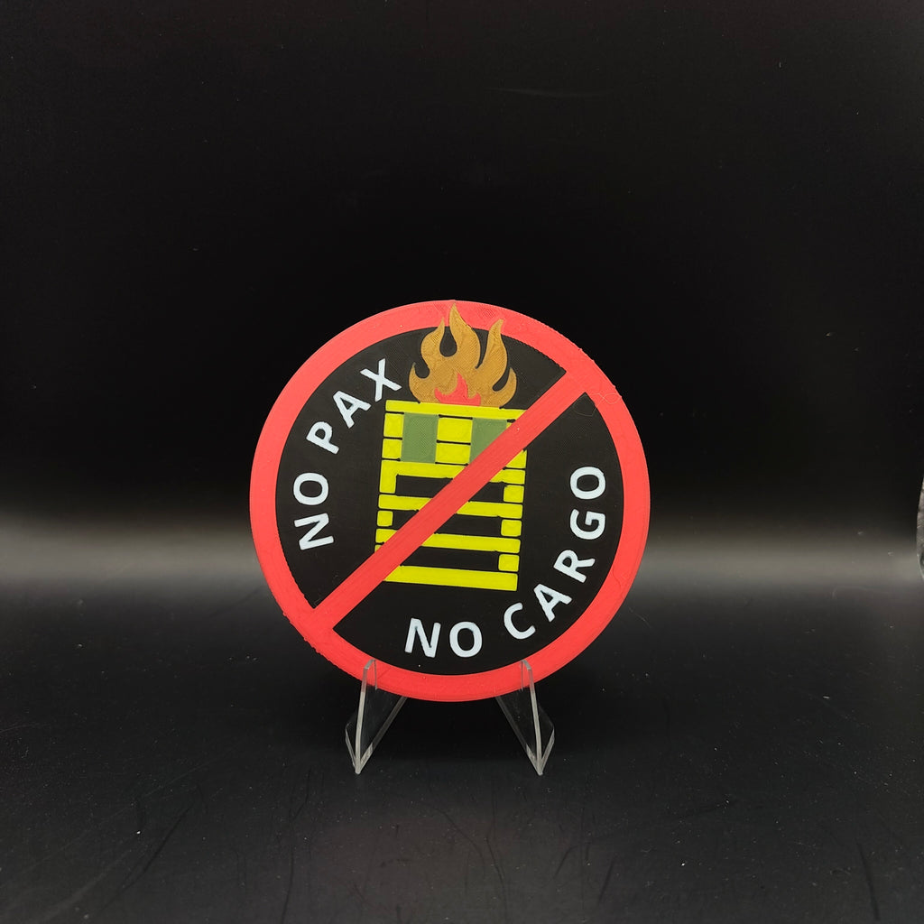 Round hazard sign patch with 'No PAX No Cargo' text and symbol on a black background