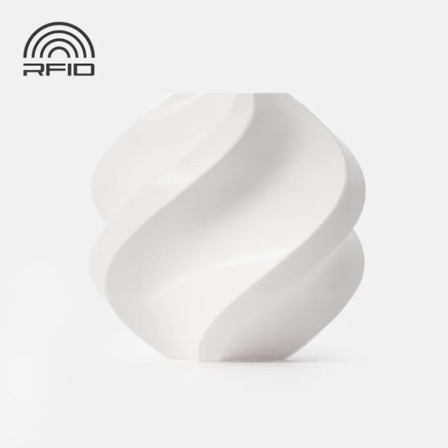 Black swirled object Printed in Bambu Lab Basic PLA light grey object with RFID logo on a light gray background