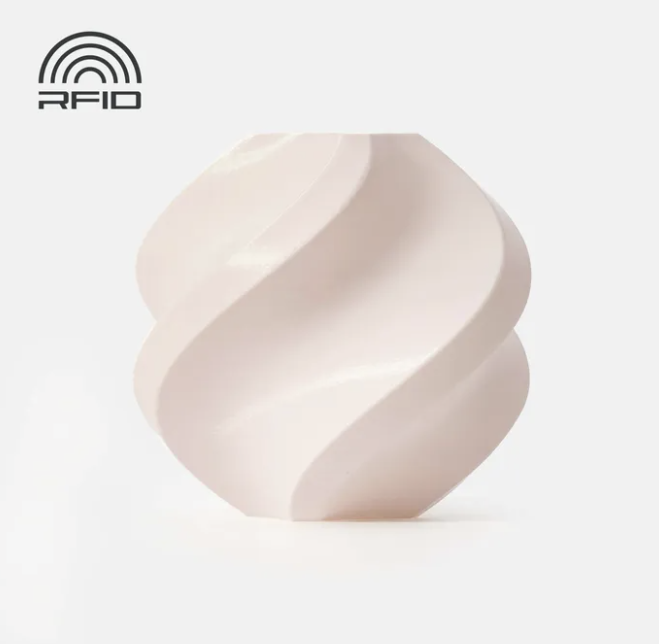 Black swirled object Printed in Bambu Lab Basic PLA pinkish beige object with RFID logo on a light gray background