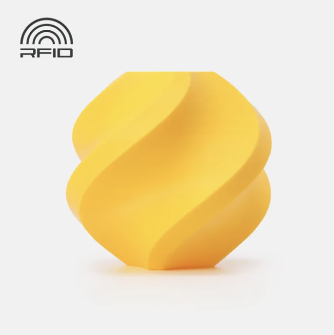 Black swirled object Printed in Bambu Lab Basic PLA Yellow object with RFID logo on a light gray background