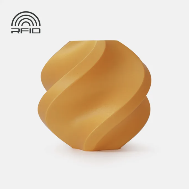 Black swirled object Printed in Bambu Lab Basic PLA gold with RFID logo on a light gray background