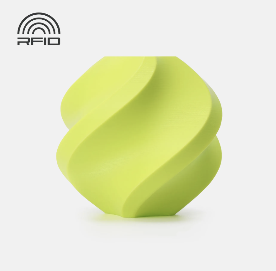 lime green colored swirled object Printed in Bambu Lab Basic PLA with RFID logo on a light gray background