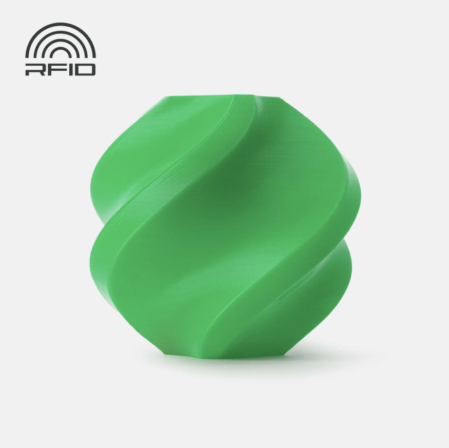 green colored swirled object Printed in Bambu Lab Basic PLA with RFID logo on a light gray background
