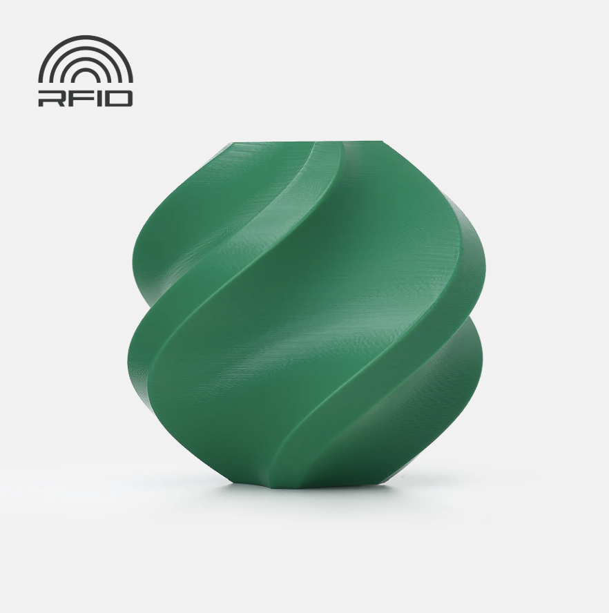 Christmas green colored swirled object Printed in Bambu Lab Basic PLA with RFID logo on a light gray background