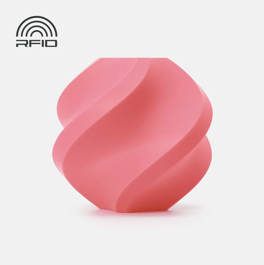 Pink swirled object Printed in Bambu Lab Basic PLA with RFID logo on a light gray background