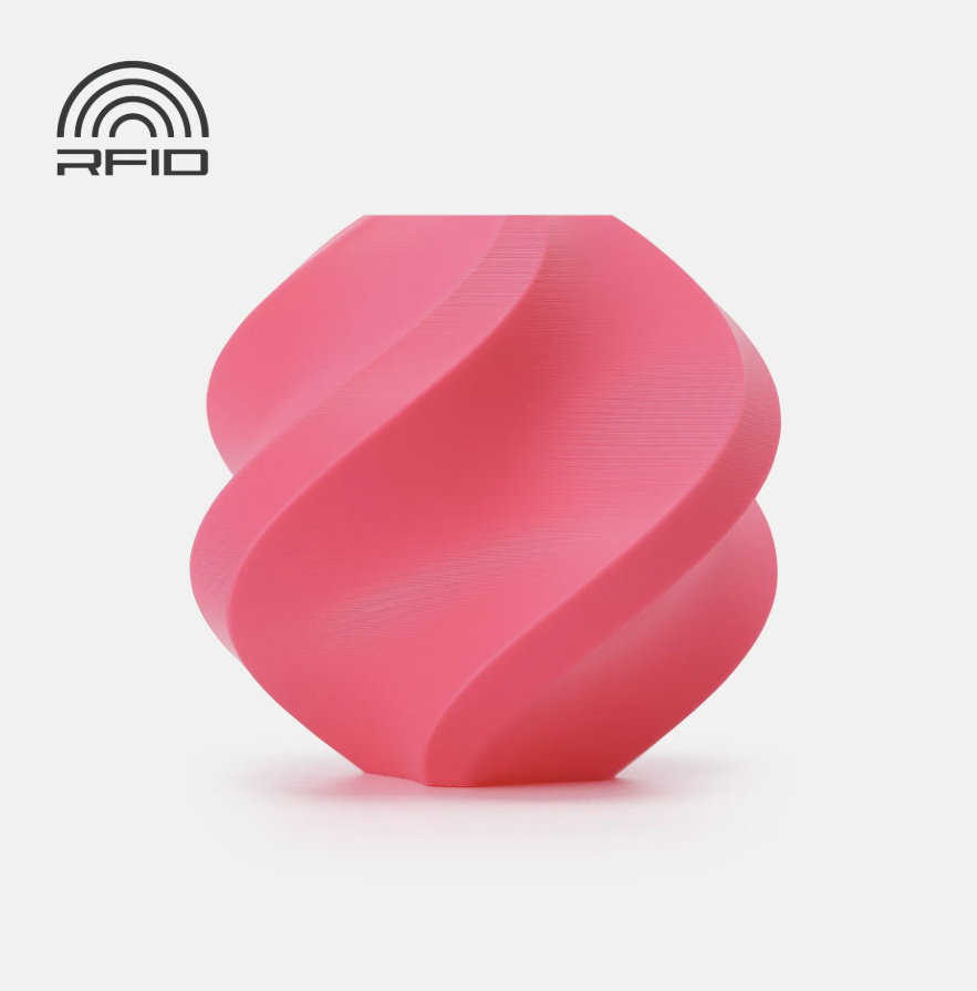 Hot Pink swirled object Printed in Bambu Lab Basic PLA with RFID logo on a light gray background