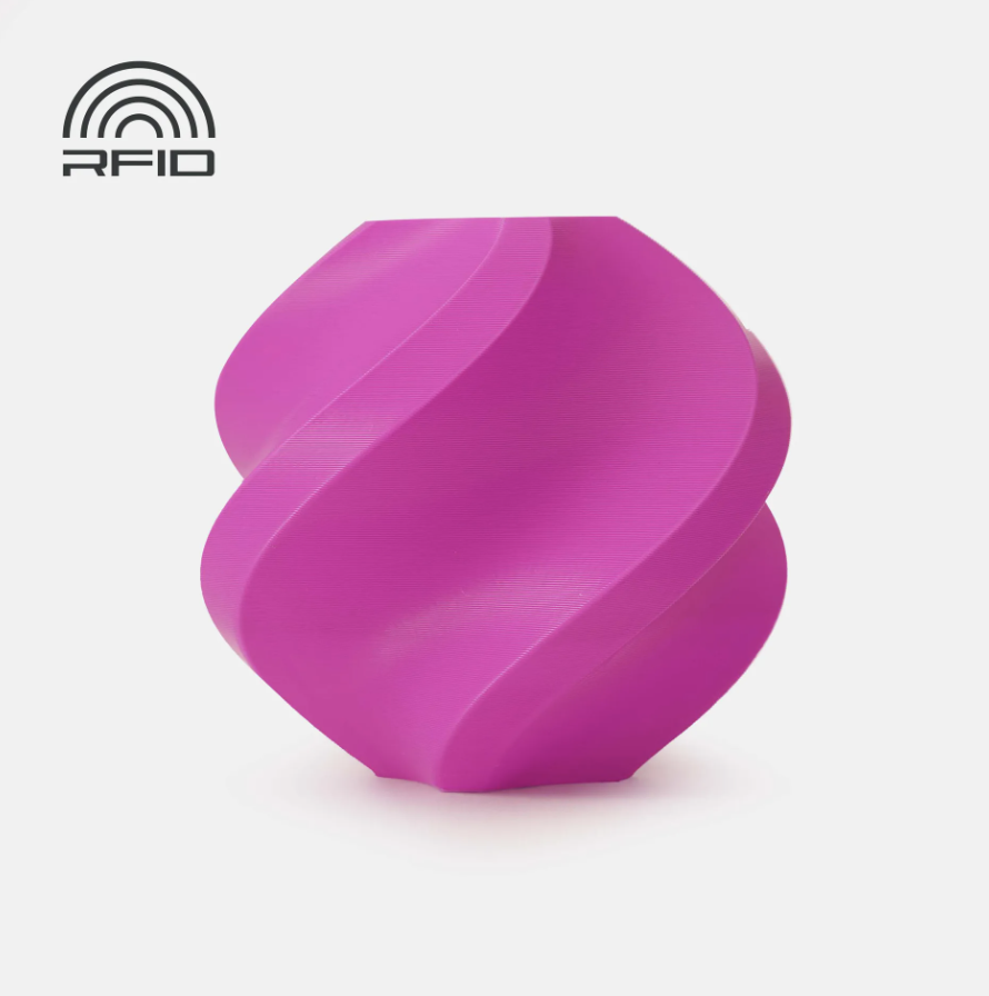 Magenta swirled object Printed in Bambu Lab Basic PLA with RFID logo on a light gray background
