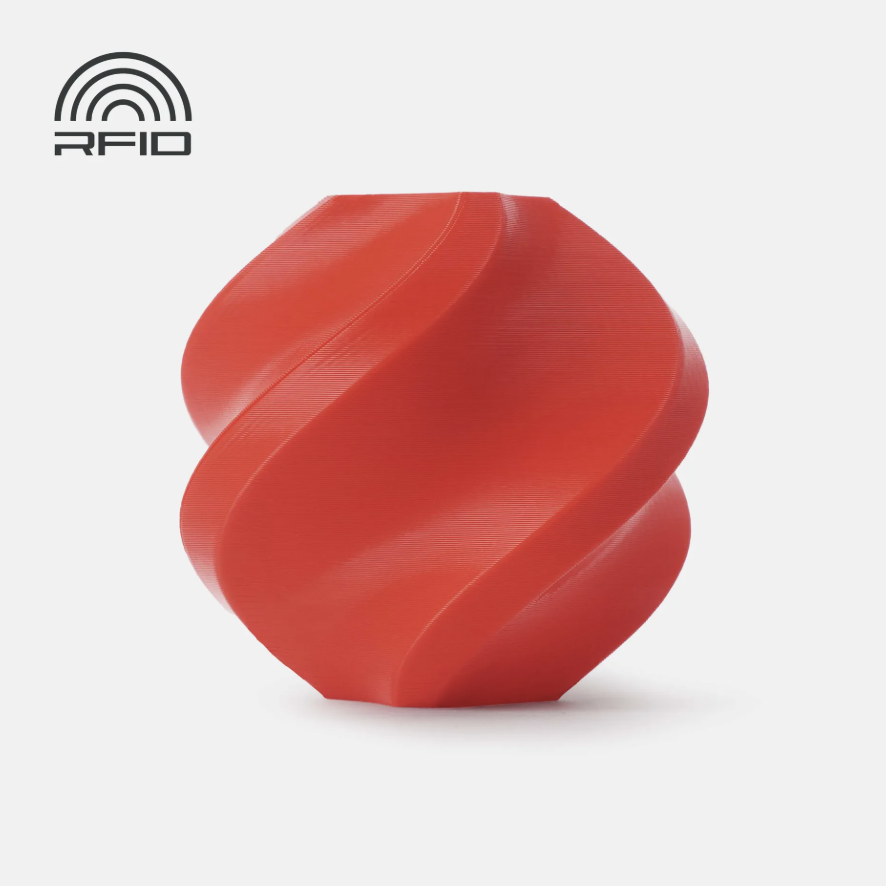 Red swirled object Printed in Bambu Lab Basic PLA with RFID logo on a light gray background