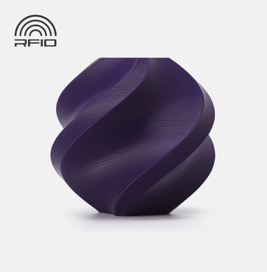 dark purple colored swirled object Printed in Bambu Lab Basic PLA with RFID logo on a light gray background
