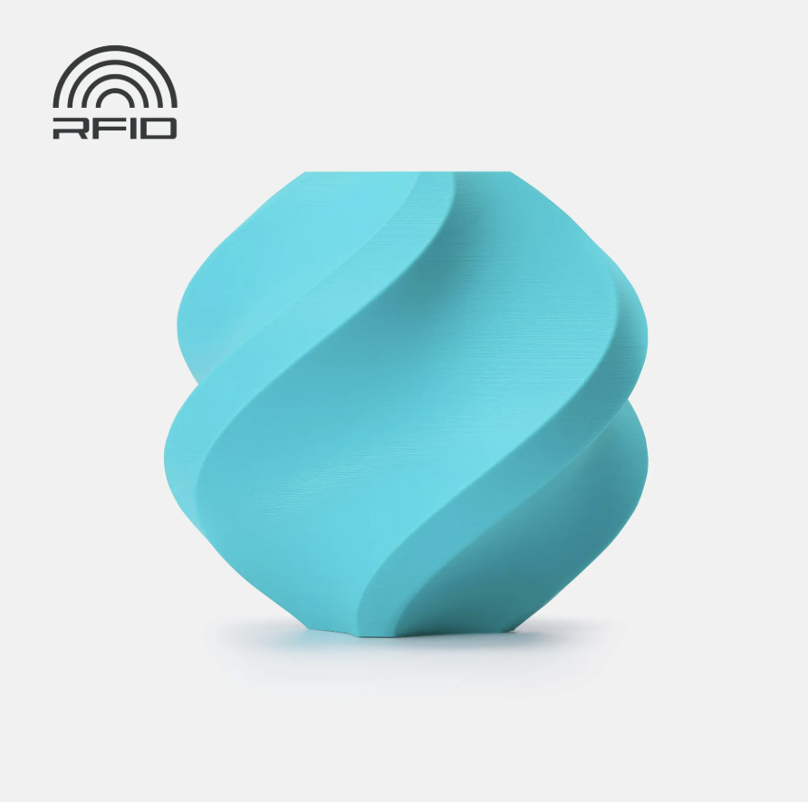 light blue turqouise colored swirled object Printed in Bambu Lab Basic PLA with RFID logo on a light gray background