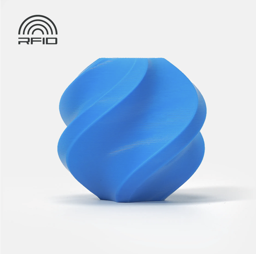 blue colored swirled object Printed in Bambu Lab Basic PLA with RFID logo on a light gray background