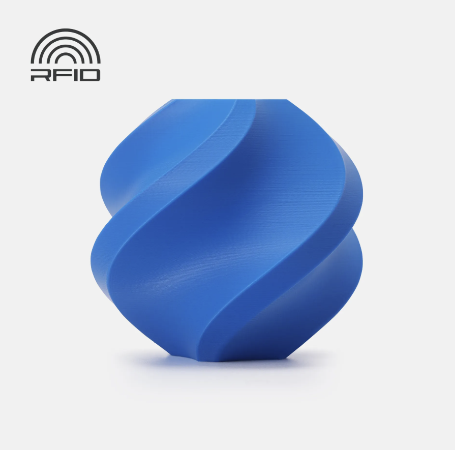 cobalt blue colored swirled object Printed in Bambu Lab Basic PLA with RFID logo on a light gray background