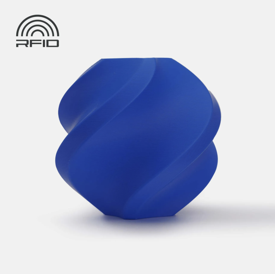 Blue colored swirled object Printed in Bambu Lab Basic PLA with RFID logo on a light gray background