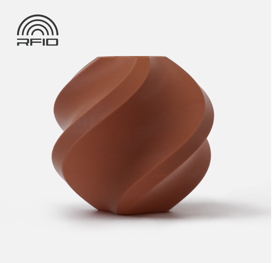 Brown colored swirled object Printed in Bambu Lab Basic PLA with RFID logo on a light gray background