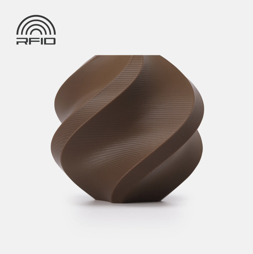 Dark Brown colored swirled object Printed in Bambu Lab Basic PLA with RFID logo on a light gray background