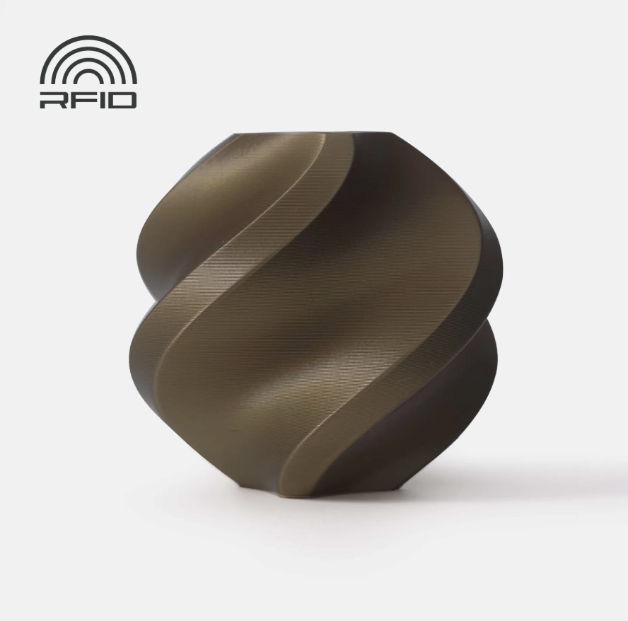 Dark Brown colored swirled object Printed in Bambu Lab Basic PLA with RFID logo on a light gray background