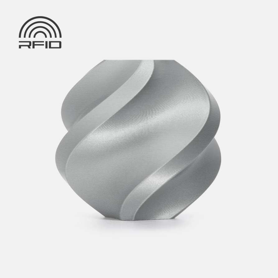 Silver colored swirled object Printed in Bambu Lab Basic PLA with RFID logo on a light gray background