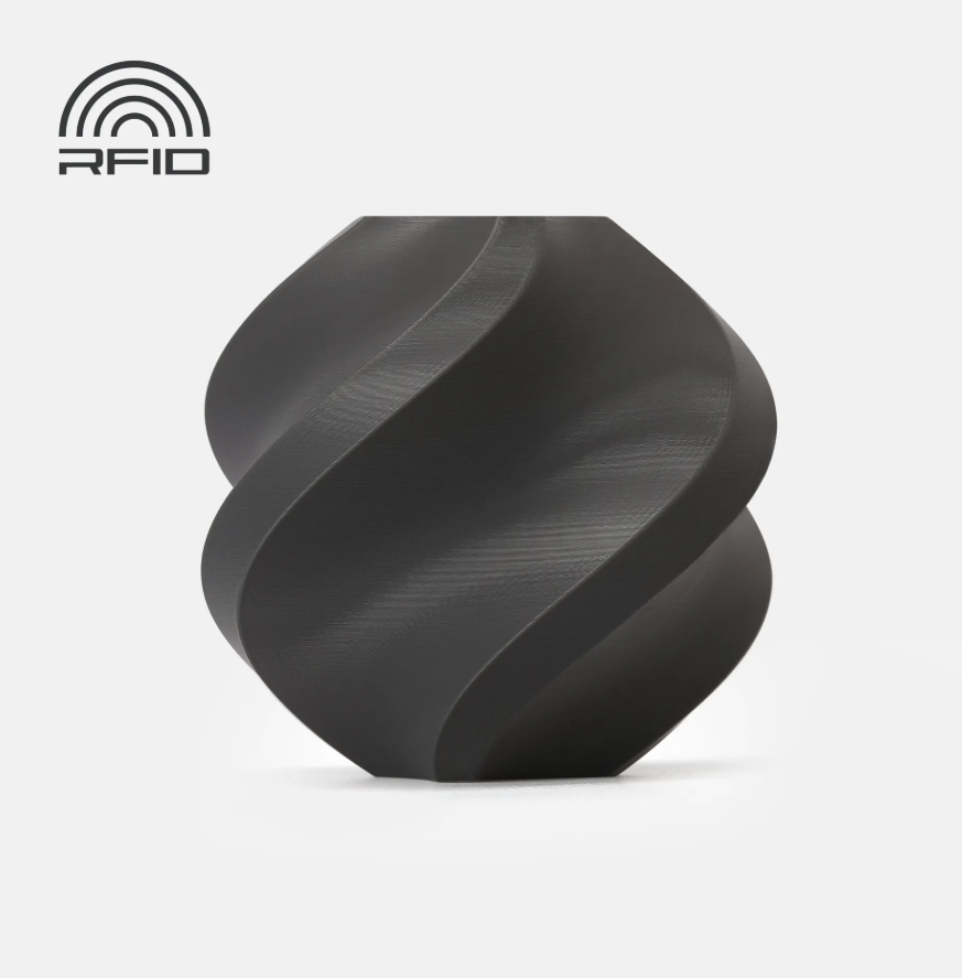 Dark Grey colored swirled object Printed in Bambu Lab Basic PLA with RFID logo on a light gray background
