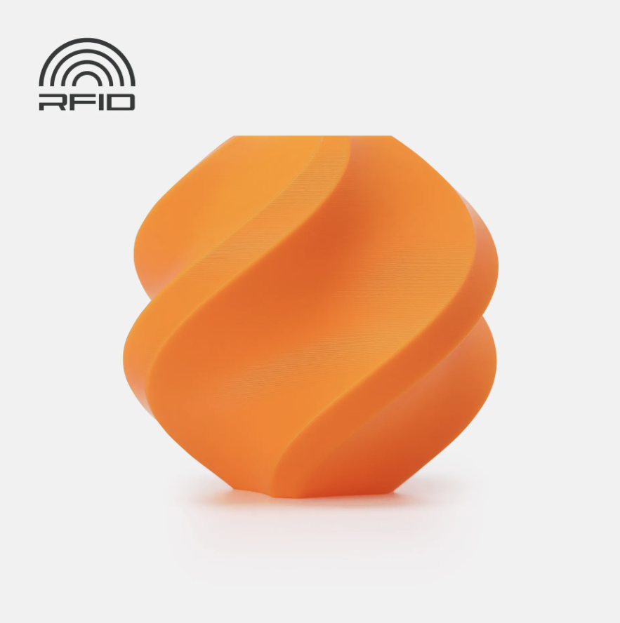 Sunny Orange colored swirled object Printed in Bambu Lab Basic PLA with RFID logo on a light gray background