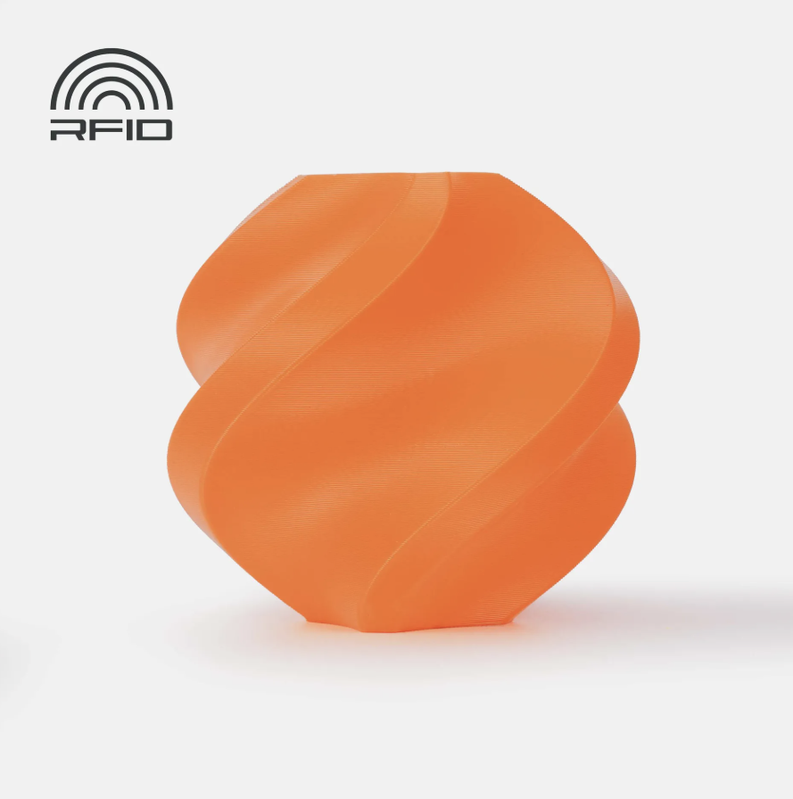 orange colored swirled object Printed in Bambu Lab Basic PLA with RFID logo on a light gray background